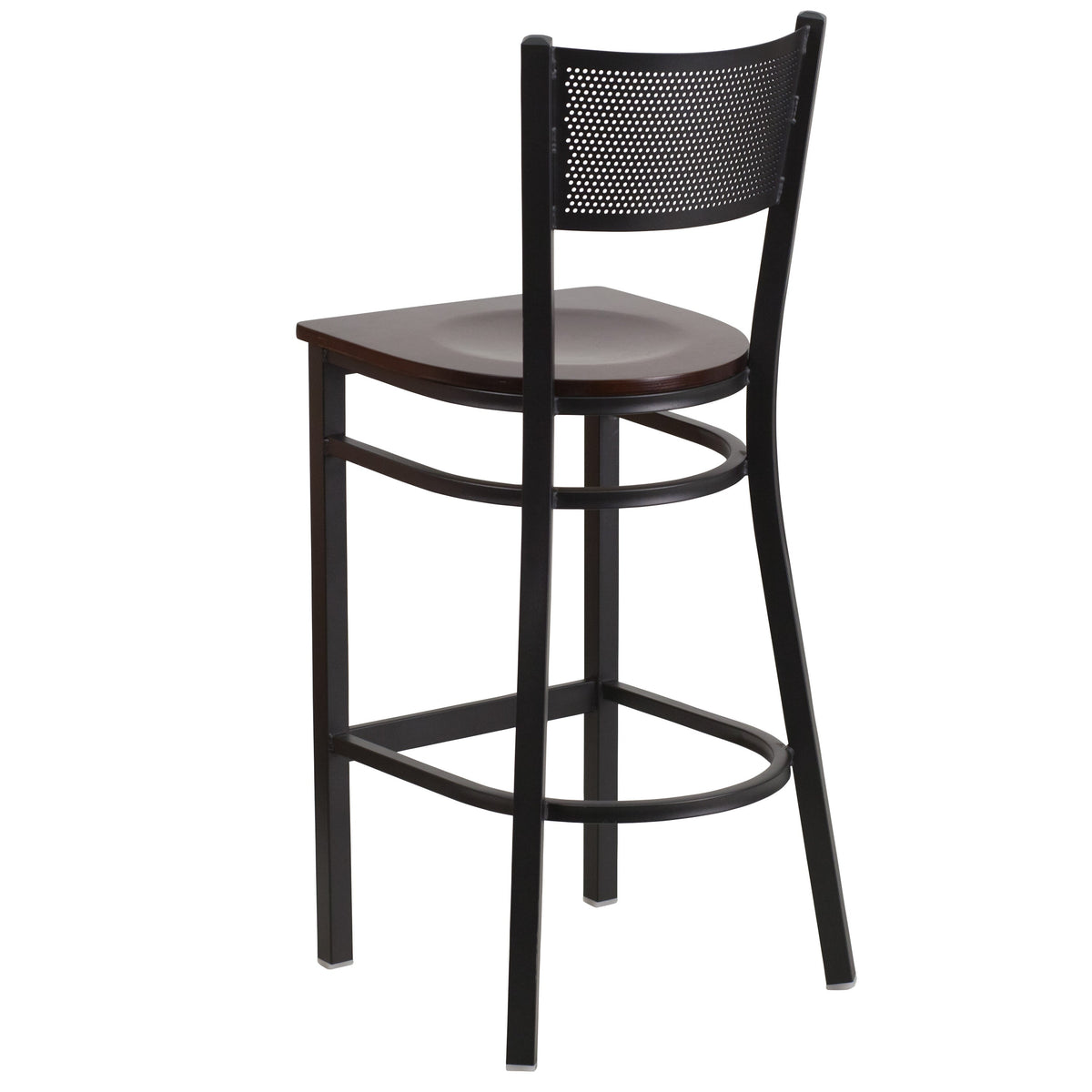 Walnut Wood Seat/Black Metal Frame |#| Black Grid Back Metal Restaurant Barstool with Walnut Wood Seat