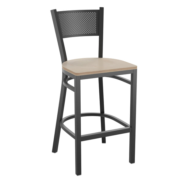 Antique White Wood Seat/Black Metal Frame |#| Black Grid Back Metal Restaurant Barstool with Antique White Wood Seat