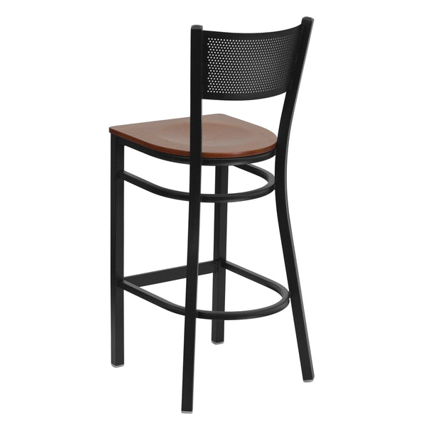 Cherry Wood Seat/Black Metal Frame |#| Black Grid Back Metal Restaurant Barstool with Cherry Wood Seat