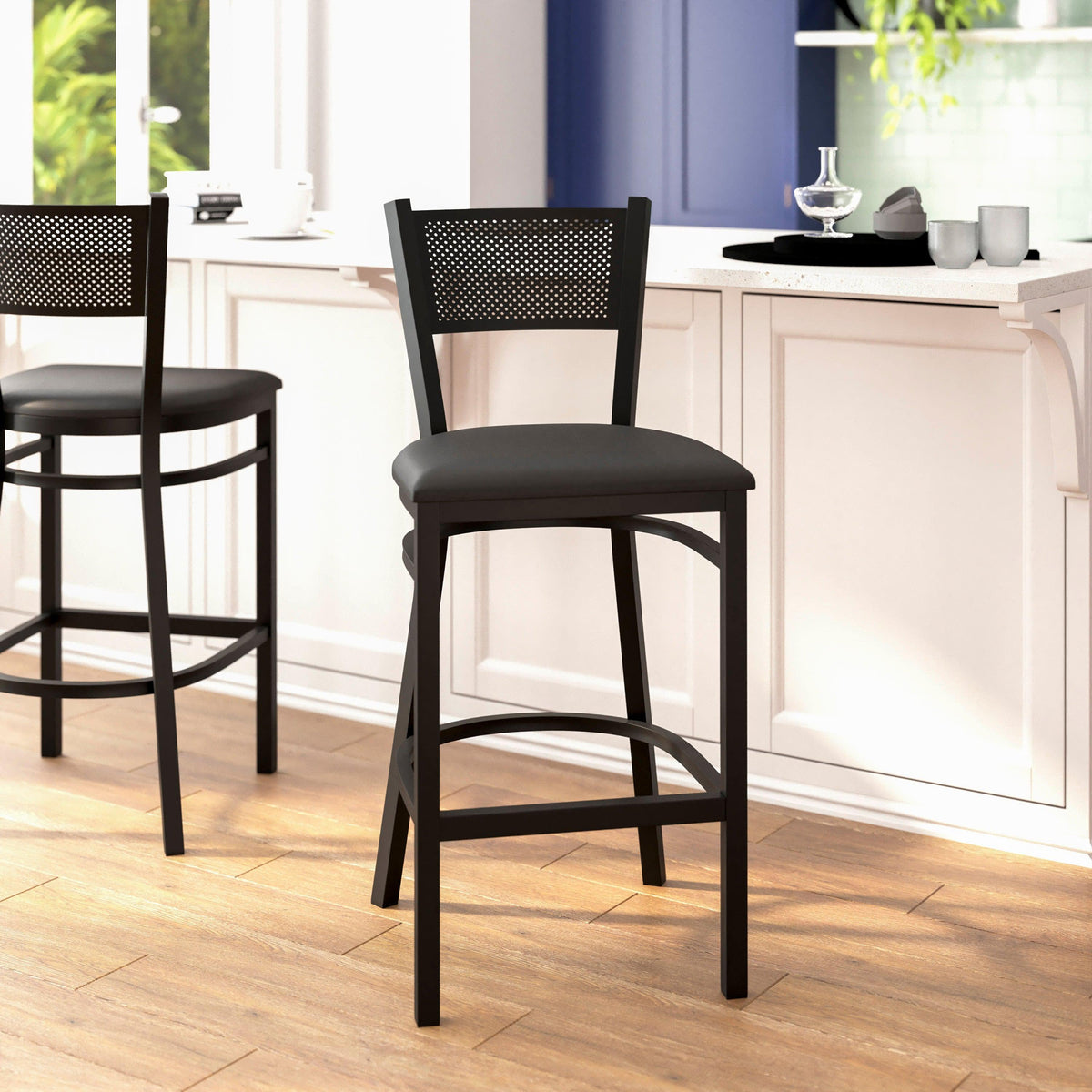 Black Vinyl Seat/Black Metal Frame |#| Black Grid Back Metal Restaurant Barstool with Black Vinyl Upholstered Seat