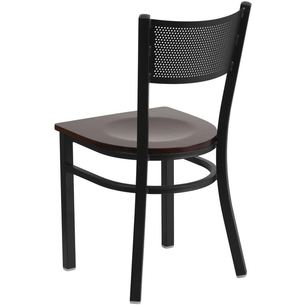 Walnut Wood Seat/Black Metal Frame |#| Black Grid Back Metal Restaurant Chair with Walnut Wood Seat