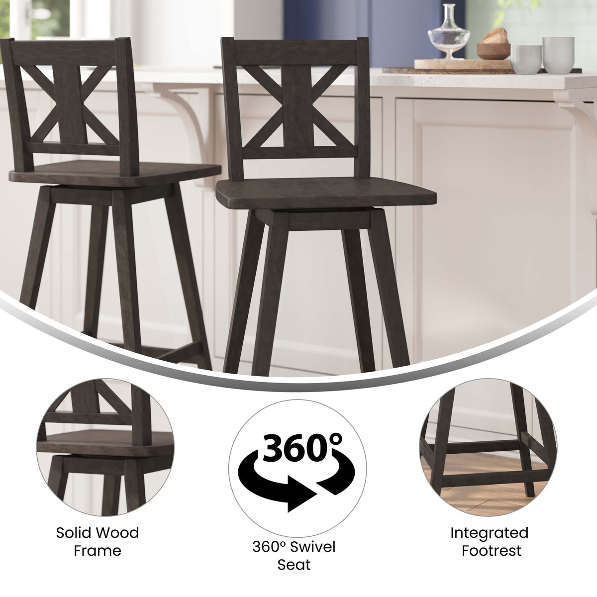 Gray Wash Walnut |#| Commercial 360° Swivel Wood Bar Height Stool in Gray Wash Walnut