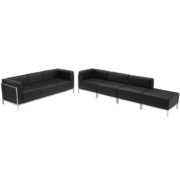 Black |#| 5 Piece Black LeatherSoft Modular Sofa & Lounge Chair Set w/ Taut Back &Seat