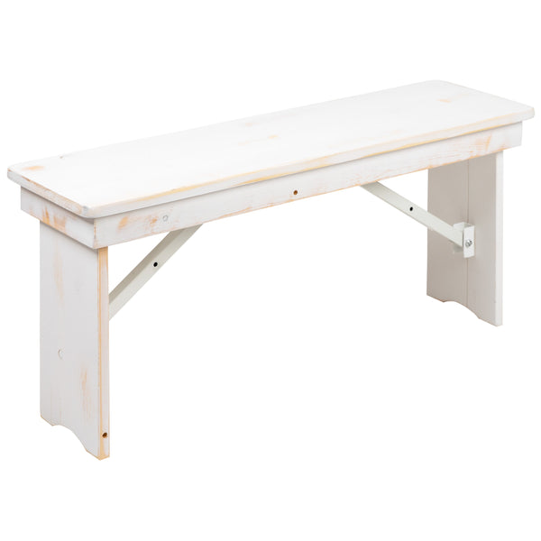 Antique Rustic White |#| 40" x 12" Antique Rustic White Solid Pine Folding Farm Bench - Portable Bench