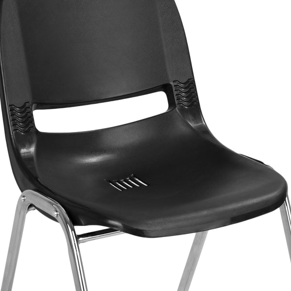 Black Plastic/Chrome Frame |#| 661 lb. Capacity Black Ergonomic Stack Chair with Chrome Frame-16inch Seat Height