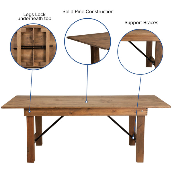 7' x 40inch Rustic Folding Farm Table Set with 4 Cross Back Chairs and Cushions