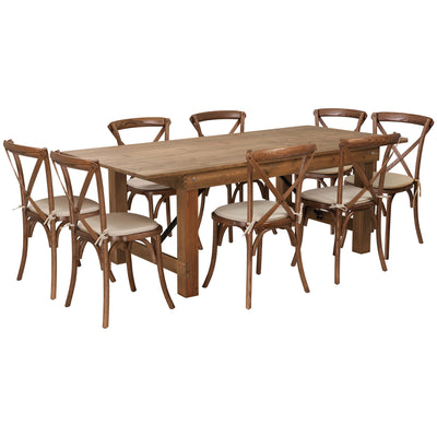HERCULES Series 7' x 40'' Folding Farm Table Set with 8 Cross Back Chairs and Cushions