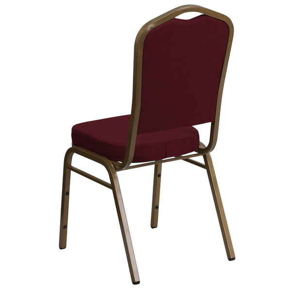 Burgundy Fabric/Gold Vein Frame |#| Crown Back Stacking Banquet Chair in Burgundy Fabric - Gold Vein Frame