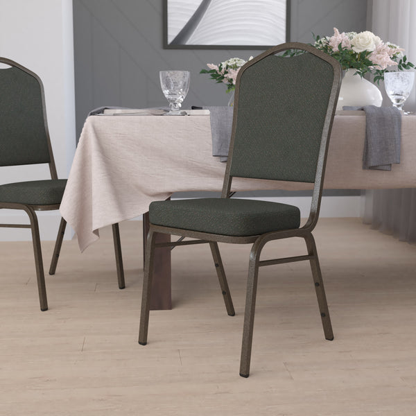 Green Patterned Fabric/Gold Vein Frame |#| Crown Back Stacking Banquet Chair in Green Patterned Fabric - Gold Vein Frame