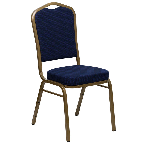 Navy Blue Patterned Fabric/Gold Frame |#| Crown Back Stacking Banquet Chair in Navy Blue Patterned Fabric - Gold Frame