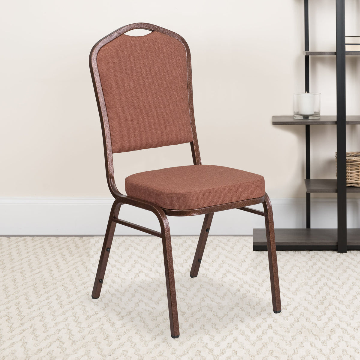 Brown Fabric/Copper Vein Frame |#| Crown Back Stacking Banquet Chair in Brown Fabric - Copper Vein Frame