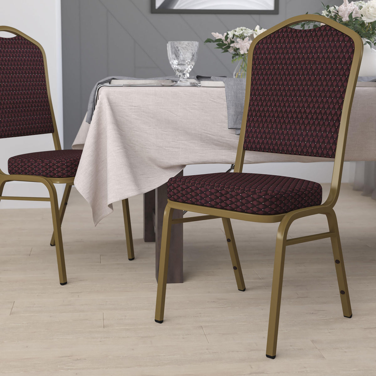 Burgundy Patterned Fabric/Gold Frame |#| Crown Back Stacking Banquet Chair in Burgundy Patterned Fabric - Gold Frame