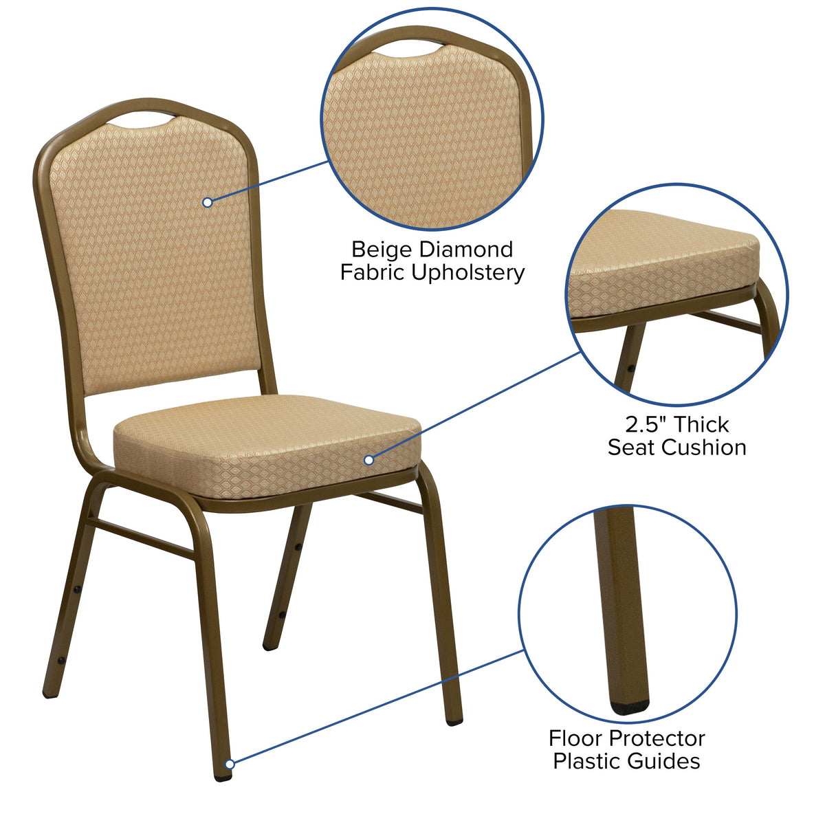 Beige Patterned Fabric/Gold Frame |#| Crown Back Stacking Banquet Chair in Beige Patterned Fabric - Gold Frame