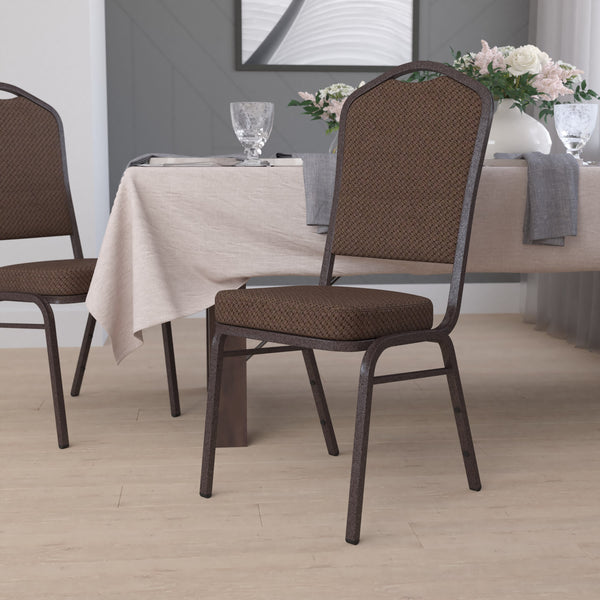 Brown Patterned Fabric/Copper Vein Frame |#| Crown Back Stacking Banquet Chair in Brown Patterned Fabric - Copper Vein Frame