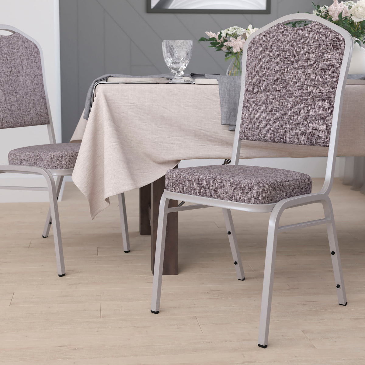 Herringbone Fabric/Silver Frame |#| Crown Back Stacking Banquet Chair in Herringbone Fabric - Silver Frame