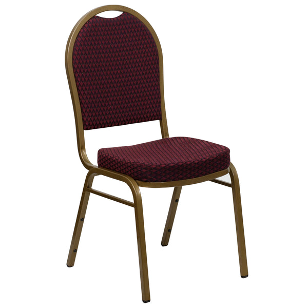 Burgundy Patterned Fabric/Gold Frame |#| Dome Back Stacking Banquet Chair in Burgundy Patterned Fabric - Gold Frame