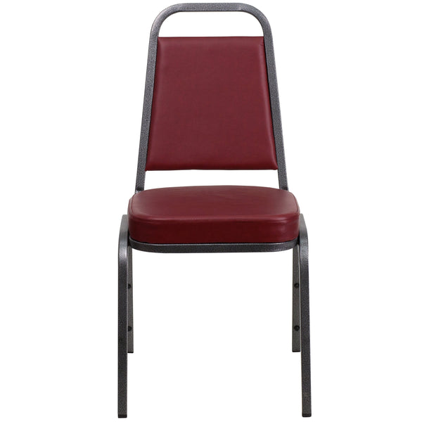 Burgundy Vinyl/Silver Vein Frame |#| Trapezoidal Back Stacking Banquet Chair in Burgundy Vinyl with 2.5inch Thick Seat