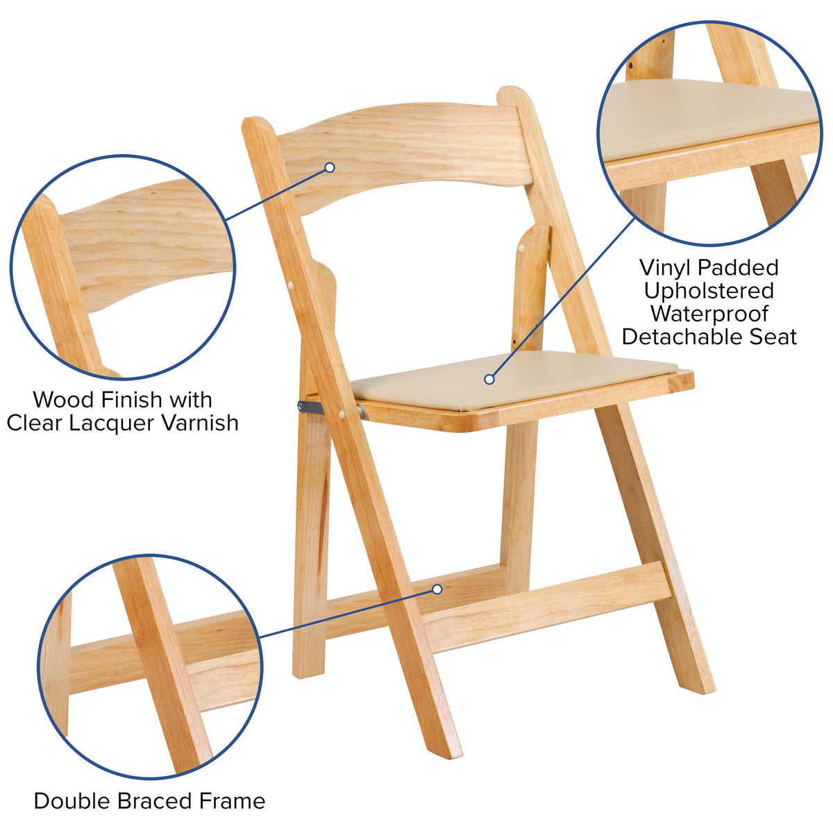 Natural |#| Natural Wood Folding Chair with Vinyl Padded Seat