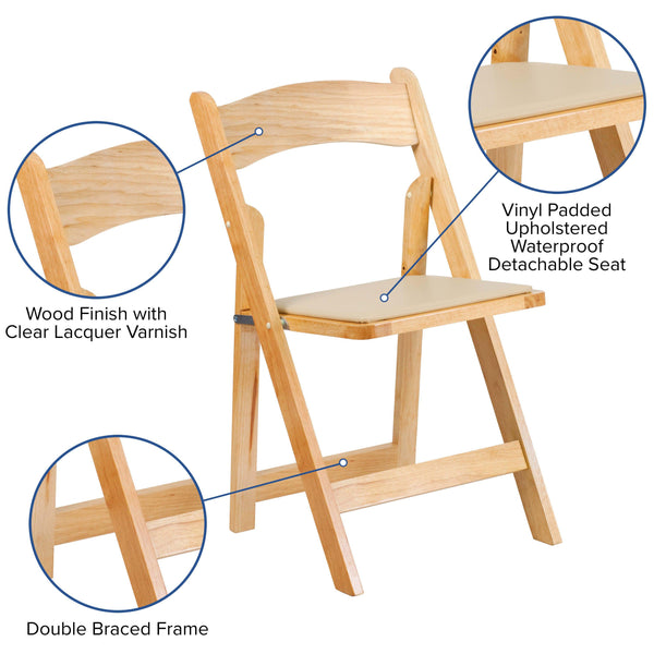Natural |#| Natural Wood Folding Chair with Vinyl Padded Seat