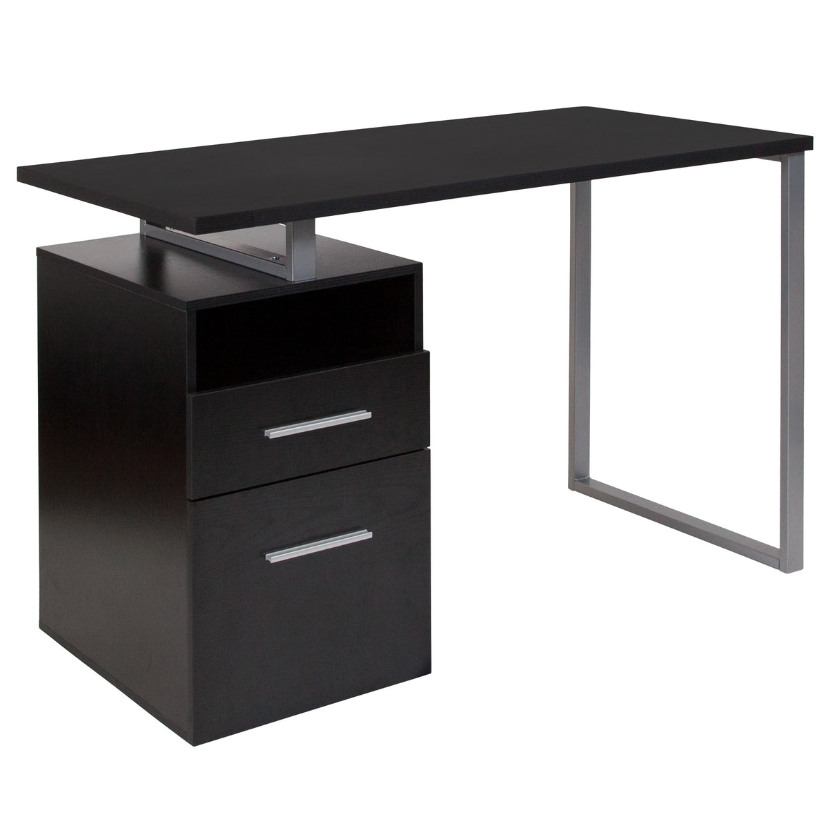 Dark Ash |#| Dk Ash Wood Grain Finish Computer Desk with Two Drawers and Silver Metal Frame