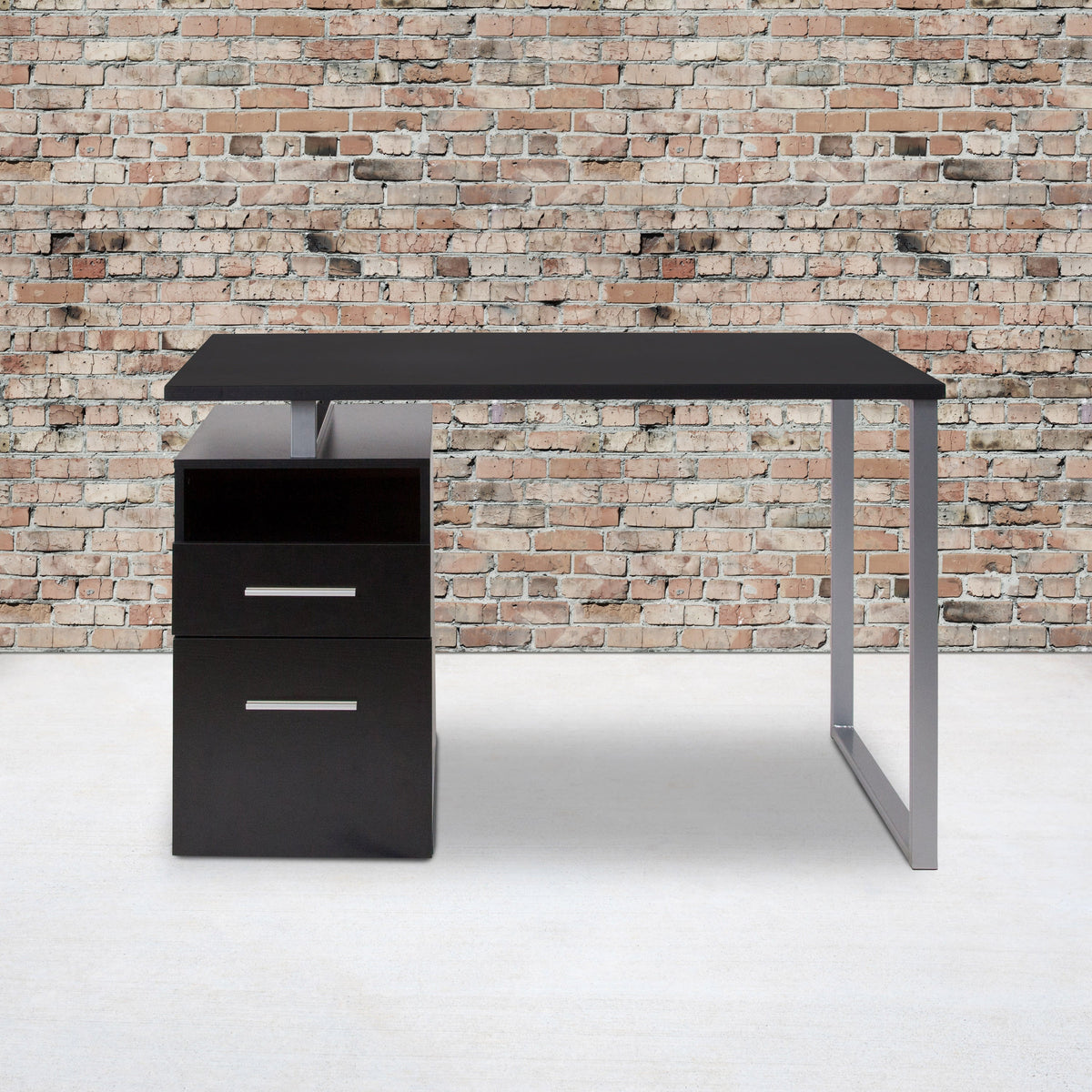 Dark Ash |#| Dk Ash Wood Grain Finish Computer Desk with Two Drawers and Silver Metal Frame