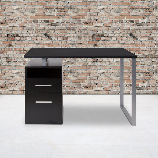 Dark Ash |#| Dk Ash Wood Grain Finish Computer Desk with Two Drawers and Silver Metal Frame