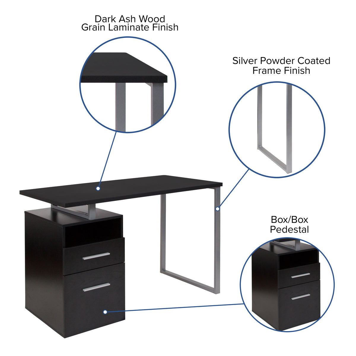 Dark Ash |#| Dk Ash Wood Grain Finish Computer Desk with Two Drawers and Silver Metal Frame