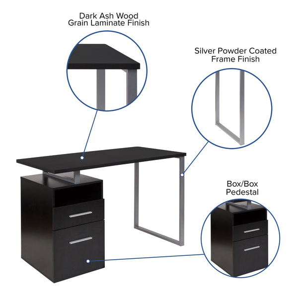 Dark Ash |#| Dk Ash Wood Grain Finish Computer Desk with Two Drawers and Silver Metal Frame