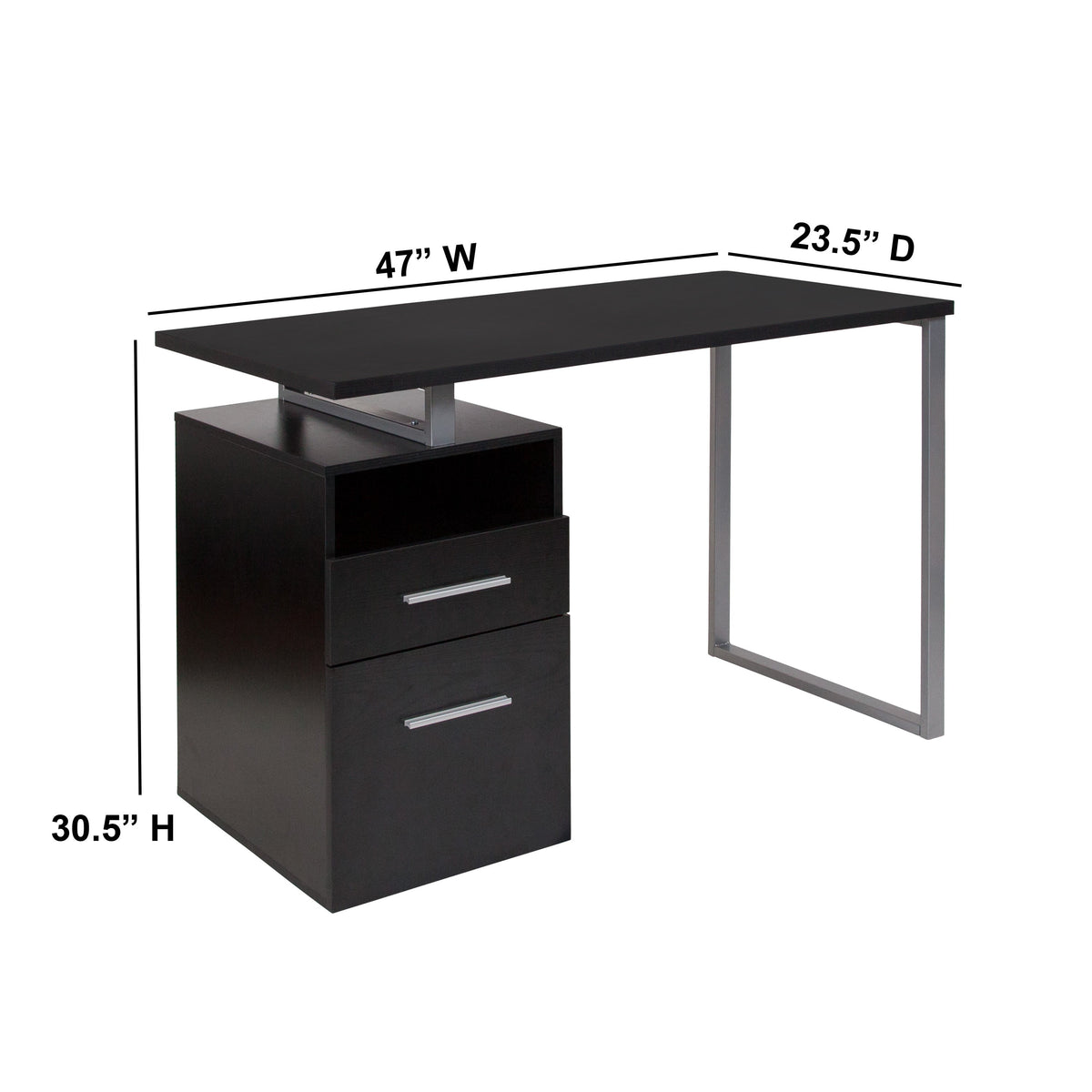Dark Ash |#| Dk Ash Wood Grain Finish Computer Desk with Two Drawers and Silver Metal Frame