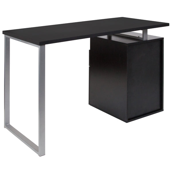 Dark Ash |#| Dk Ash Wood Grain Finish Computer Desk with Two Drawers and Silver Metal Frame