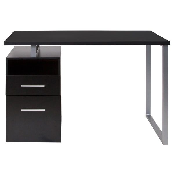 Dark Ash |#| Dk Ash Wood Grain Finish Computer Desk with Two Drawers and Silver Metal Frame