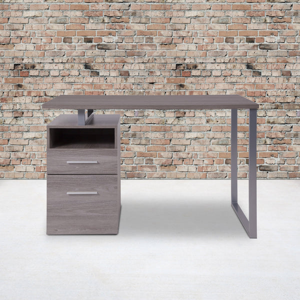 Light Ash |#| Lt Ash Wood Grain Finish Computer Desk with Two Drawers and Silver Metal Frame