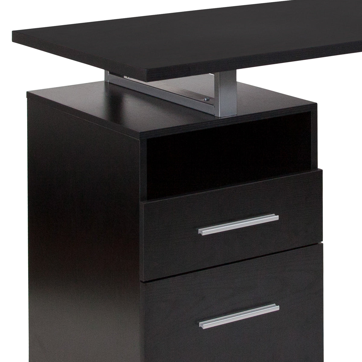 Dark Ash |#| Dk Ash Wood Grain Finish Computer Desk with Two Drawers and Silver Metal Frame