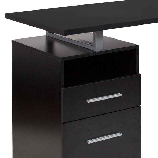 Dark Ash |#| Dk Ash Wood Grain Finish Computer Desk with Two Drawers and Silver Metal Frame