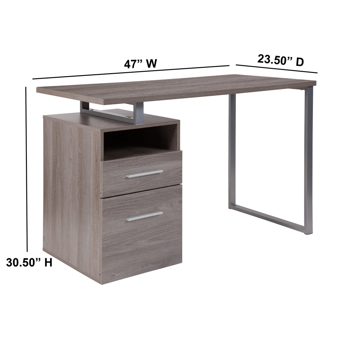 Light Ash |#| Lt Ash Wood Grain Finish Computer Desk with Two Drawers and Silver Metal Frame