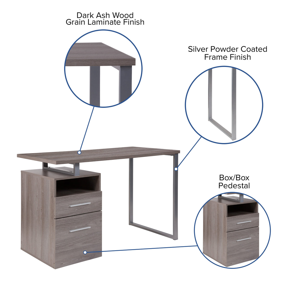 Light Ash |#| Lt Ash Wood Grain Finish Computer Desk with Two Drawers and Silver Metal Frame