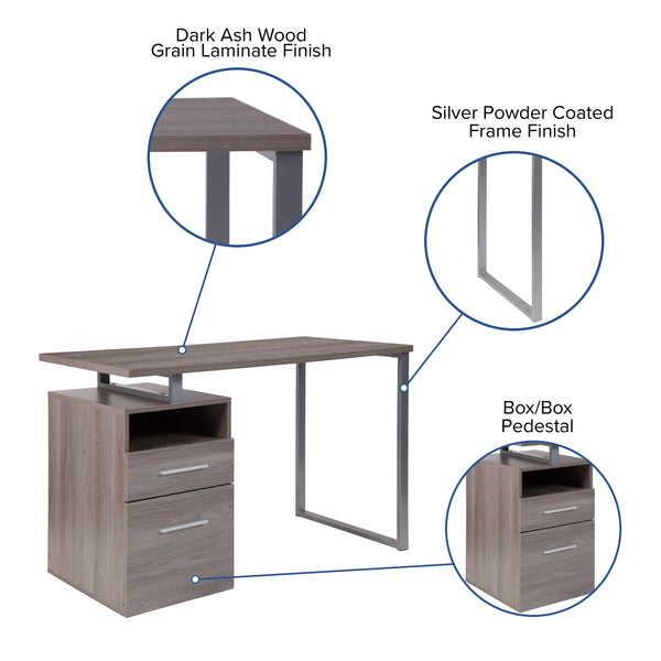 Light Ash |#| Lt Ash Wood Grain Finish Computer Desk with Two Drawers and Silver Metal Frame