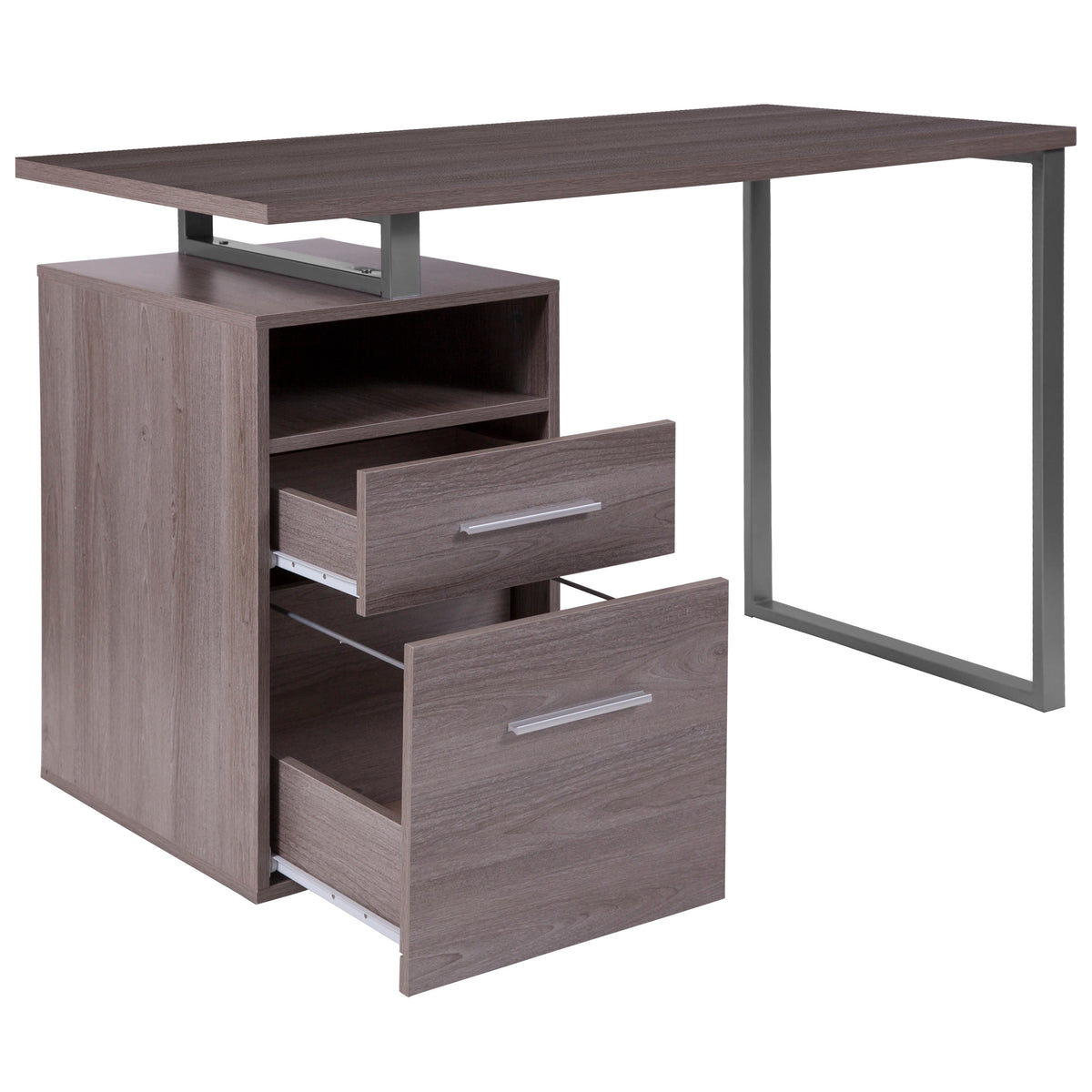Light Ash |#| Lt Ash Wood Grain Finish Computer Desk with Two Drawers and Silver Metal Frame