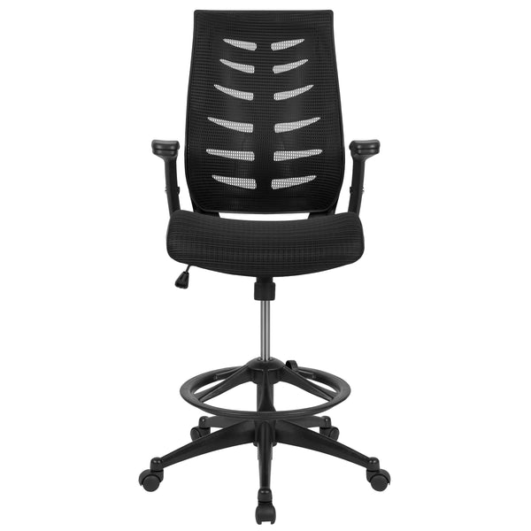 Black |#| High Back Black Mesh Ergonomic Drafting Chair with Adjustable Flip-Up Arms