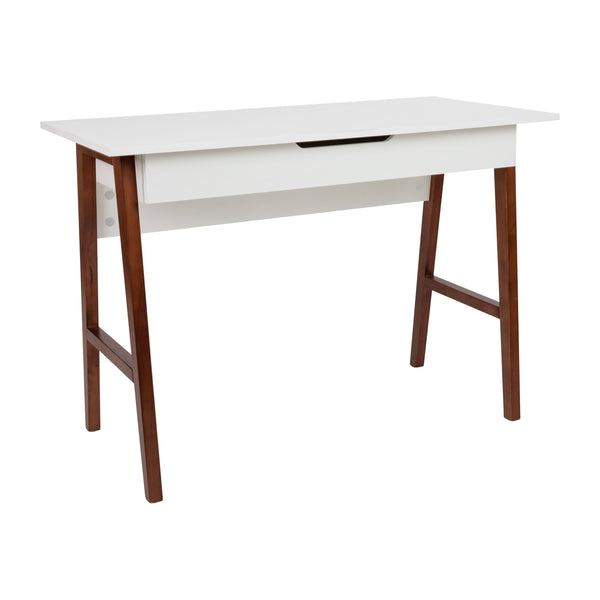 White Top/Walnut Frame |#| Home Office Writing Computer Desk with Drawer - Table Desk, White/Walnut