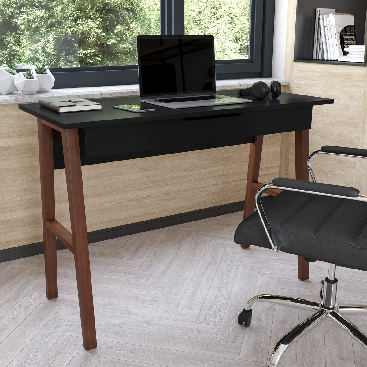 Black Top/Walnut Frame |#| Home Office Writing Computer Desk with Drawer - Table Desk, Black/Walnut