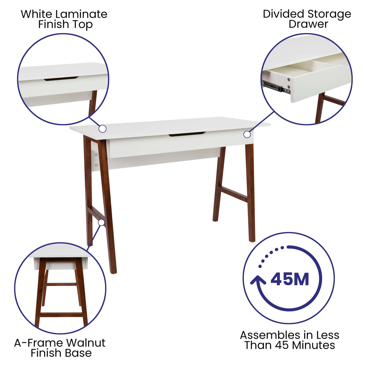 White Top/Walnut Frame |#| Home Office Writing Computer Desk with Drawer - Table Desk, White/Walnut