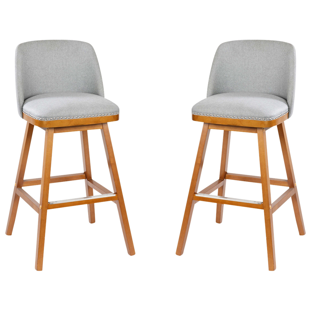 Gray Faux Linen |#| 2 Pack Commercial Walnut Finish Wood Barstools with Nail Trim-Gray Faux Linen