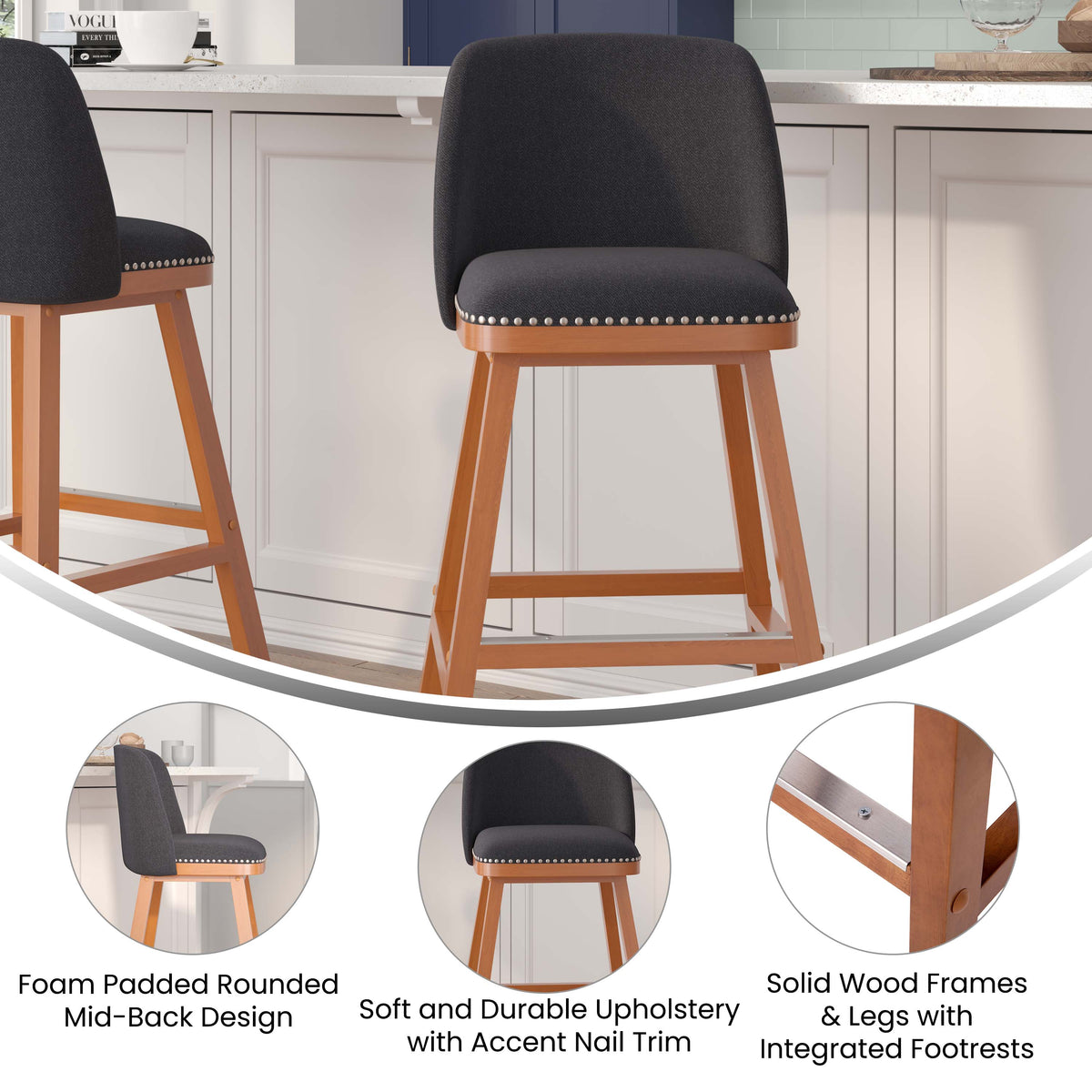 Charcoal Faux Linen |#| 2 Pack Commercial Walnut Finish Wood Barstools - Nail Trim-Charcoal Faux Linen