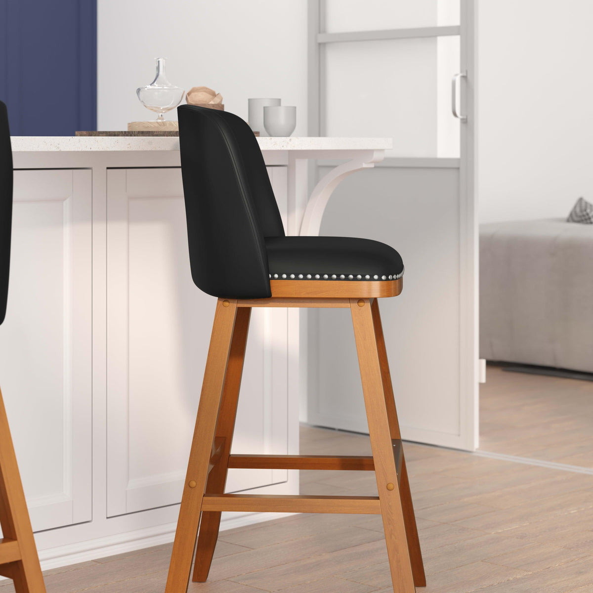 Black LeatherSoft |#| 2 Pack Commercial Walnut Finish Wood Barstools with Nail Trim-Black LeatherSoft