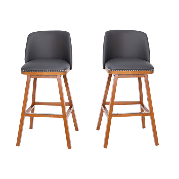 Gray LeatherSoft |#| 2 Pack Commercial Walnut Finish Wood Barstools with Nail Trim-Gray LeatherSoft