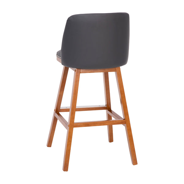 Gray LeatherSoft |#| 2 Pack Commercial Walnut Finish Wood Barstools with Nail Trim-Gray LeatherSoft