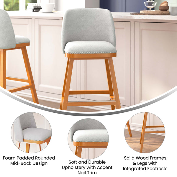 Gray Faux Linen |#| 2 Pack Commercial Walnut Finish Wood Barstools with Nail Trim-Gray Faux Linen