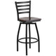 Walnut Wood Seat/Black Metal Frame |#| Black Ladder Back Swivel Metal Barstool - Walnut Wood Seat