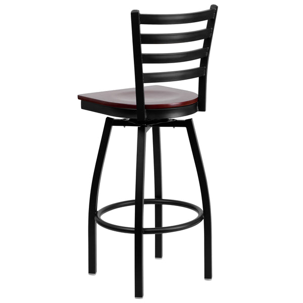 Mahogany Wood Seat/Black Metal Frame |#| Black Ladder Back Swivel Metal Barstool - Mahogany Wood Seat